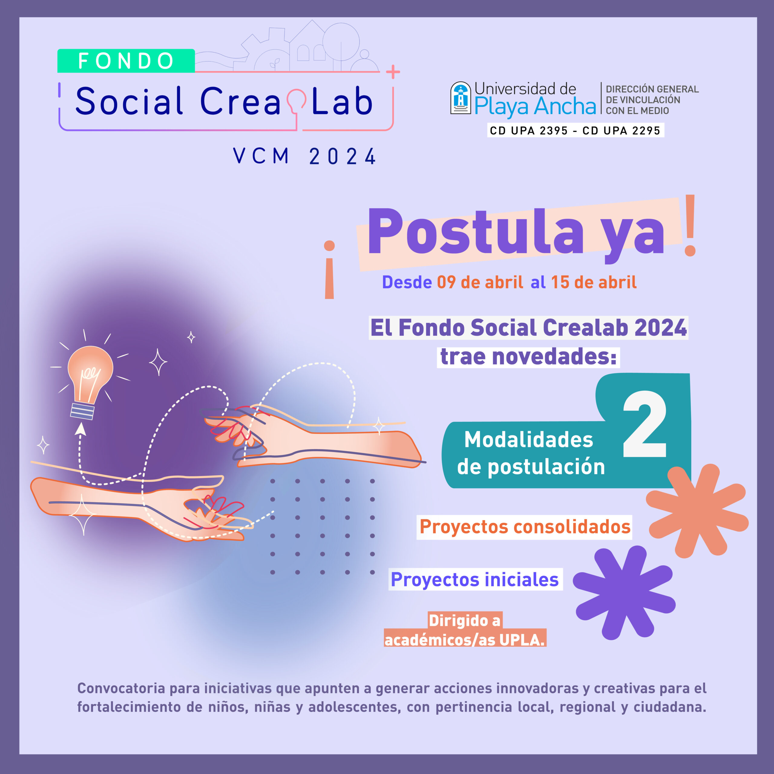 ¡CONOCE LAS BASES!: Vinculación con el Medio UPLA da a conocer las bases y anexos para postular al Fondo Social CreaLab 2024
